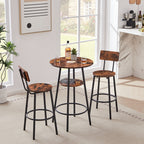 Two rustic wood-grain bar stools and a matching circular table with a storage shelf, featuring black metal frames.