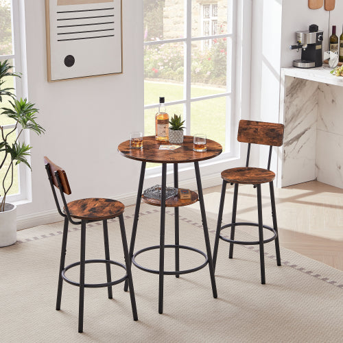 Two rustic wood-grain bar stools and a matching circular table with a storage shelf, featuring black metal frames.