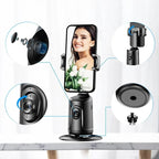 Black, matte plastic auto-tracking phone gimbal with 360-degree rotation, AI face tracking camera, and tripod base.