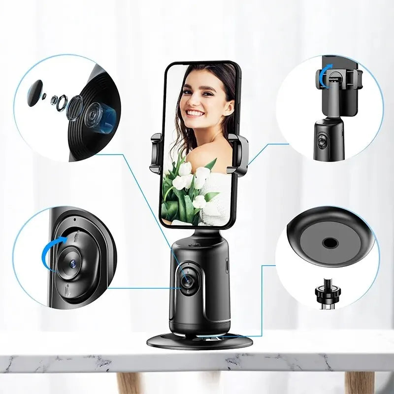 Black, matte plastic auto-tracking phone gimbal with 360-degree rotation, AI face tracking camera, and tripod base.