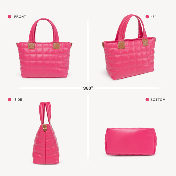 360-degree view of a rose-pink quilted puffer tote bag with tan accents, dual handles, and a flat structured base.