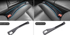 Black plastic car seat gap organizers inserted between seat and console, shown for driver and passenger sides.