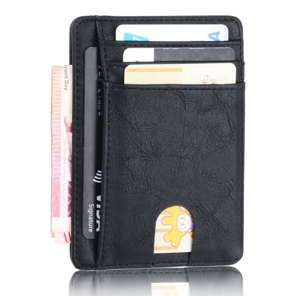 Slim black PU leather wallet with multiple card slots, an ID window, and a side compartment for cash.