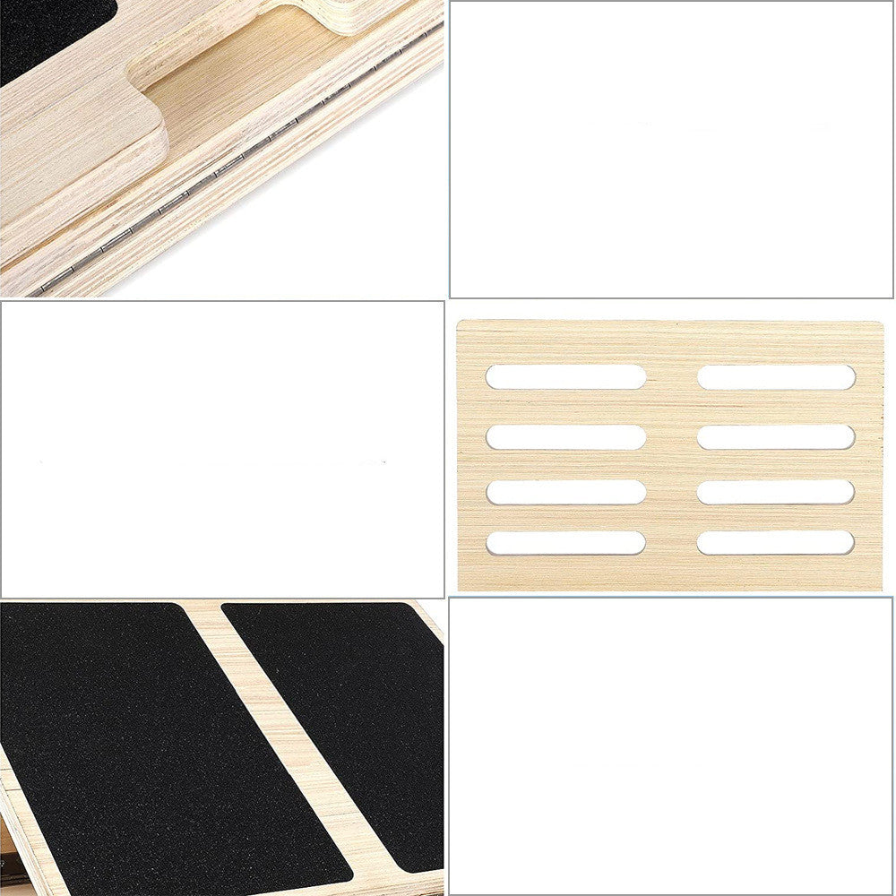 Light wood fitness trainer with black non-slip grip pads and multiple exercise slots for targeted muscle training.