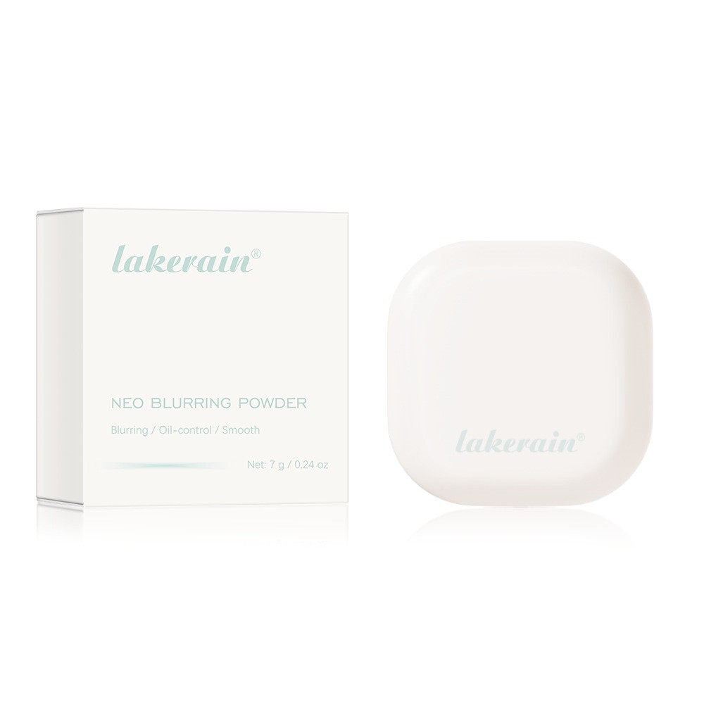 Lakerain Neo Blurring Powder: A white square compact and matching product box with teal branding on a white background.
