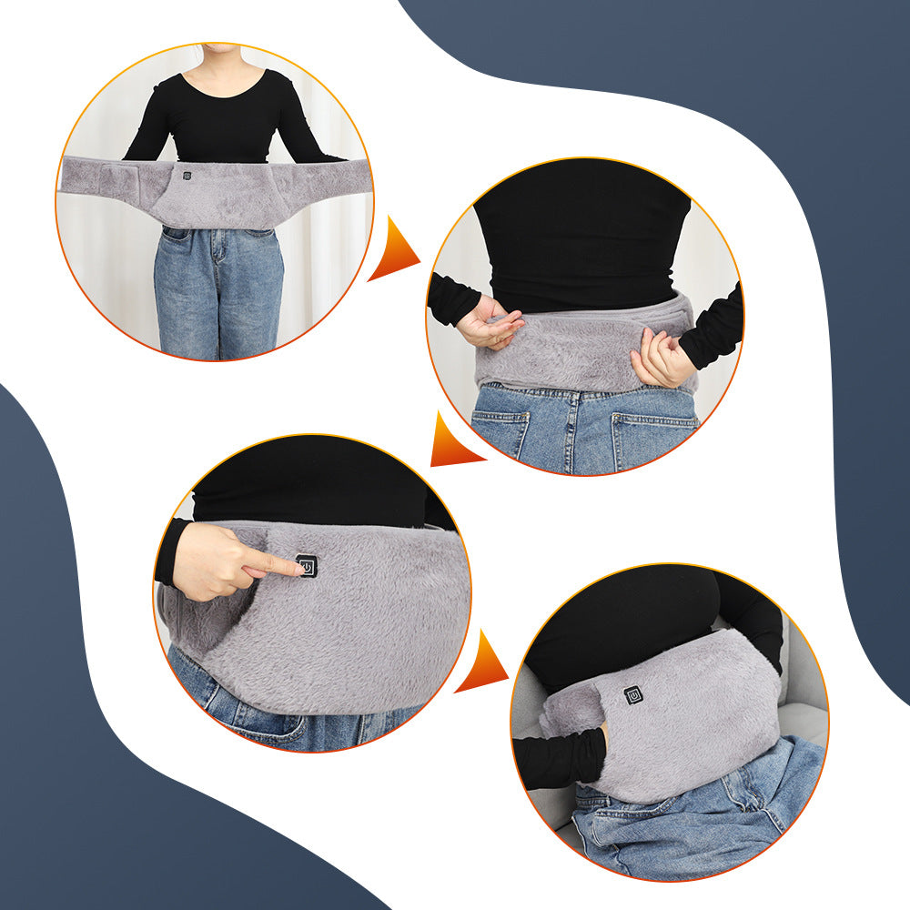 A person wears a grey, plush electric heating belt with a 3-step button control for stomach warmth and comfort.