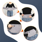 A person wears a grey, plush electric heating belt with a 3-step button control for stomach warmth and comfort.