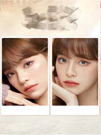 Two split-screen photos of a model demonstrating contouring and highlighting techniques for a sculpted, schoolgirl look.