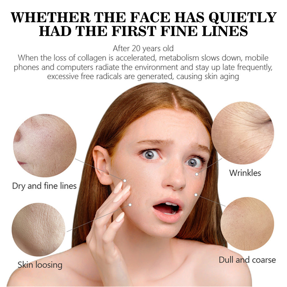 Educational image showing a woman with skin concerns like fine lines, wrinkles, dryness, and loose texture.