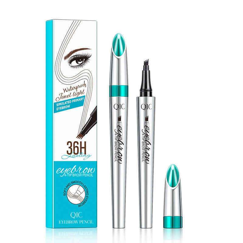 QIC waterproof 4-prong liquid eyebrow pencil with metallic silver and teal casing, shown next to its branded box.