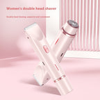 Pink 2-in-1 electric women's shaver with trimmer and rotary heads, set against a soft pink background.