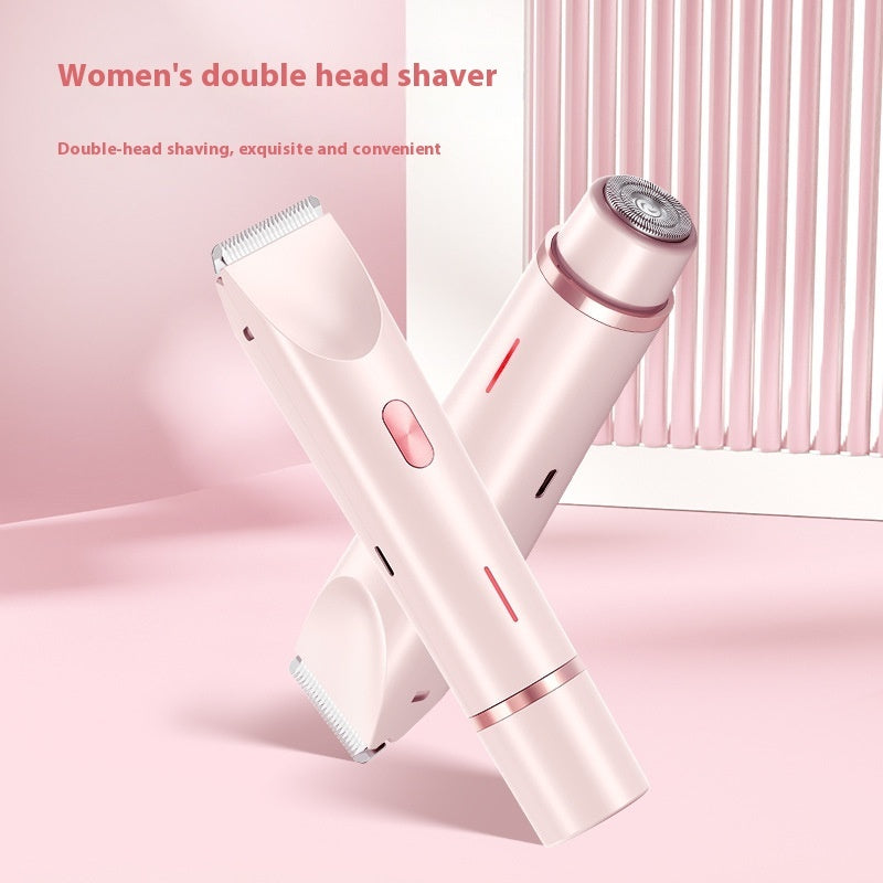 Pink 2-in-1 electric women's shaver with trimmer and rotary heads, set against a soft pink background.