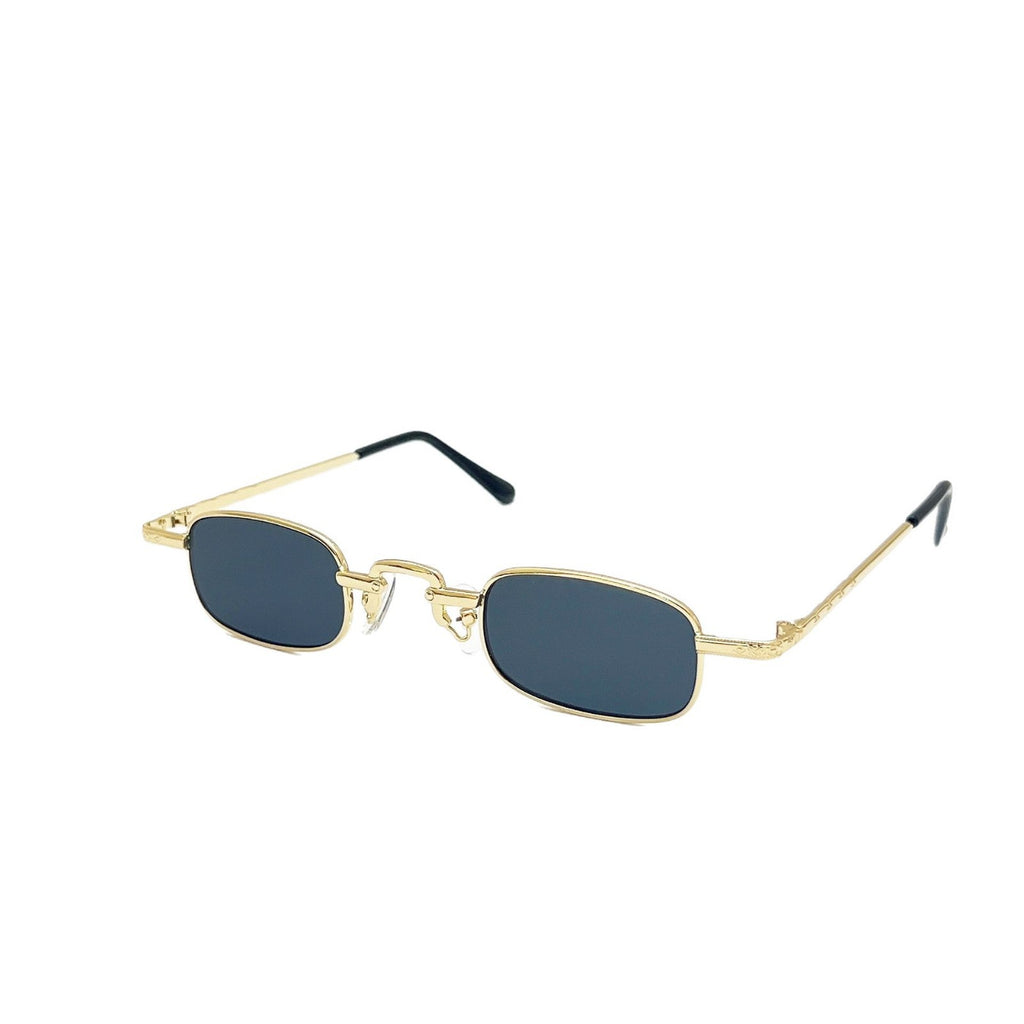 Retro-style hip hop sunglasses featuring small, rectangular dark lenses with a thin gold metal frame and black tips.