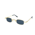 Retro-style hip hop sunglasses featuring small, rectangular dark lenses with a thin gold metal frame and black tips.