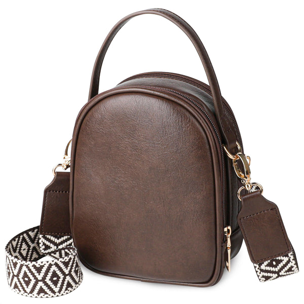 Coffee-colored faux leather crossbody bag with a top handle and decorative woven adjustable shoulder strap.