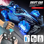 Blue F1-style RC drift car with LED lights, spray exhaust, gesture control, remote, battery, and USB charger.