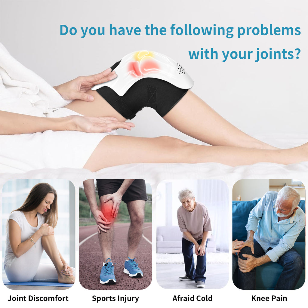 White and black electric knee massager shown on a knee, with smaller panels showing people with various knee pains.