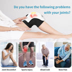 White and black electric knee massager shown on a knee, with smaller panels showing people with various knee pains.