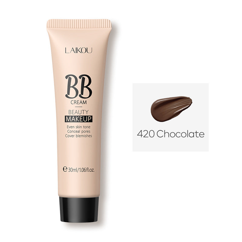 A 30ml LAIKOU BB cream tube in shade 420 Chocolate, showing a dark brown cream swatch and product details.