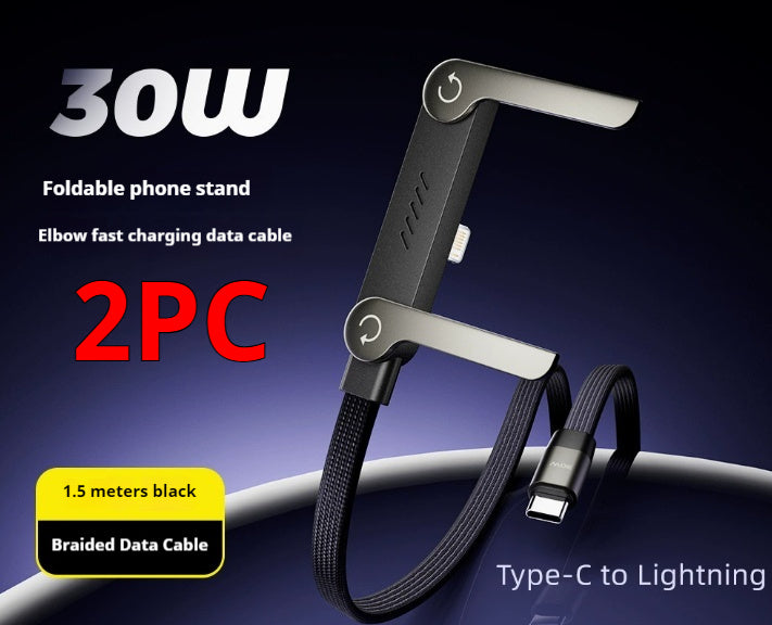 Black braided 30W fast-charging cable with a built-in foldable phone stand, featuring a Type-C to Lightning connector.