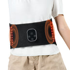Black fabric red light therapy waist belt with a digital control panel and glowing red LEDs on white shirt.
