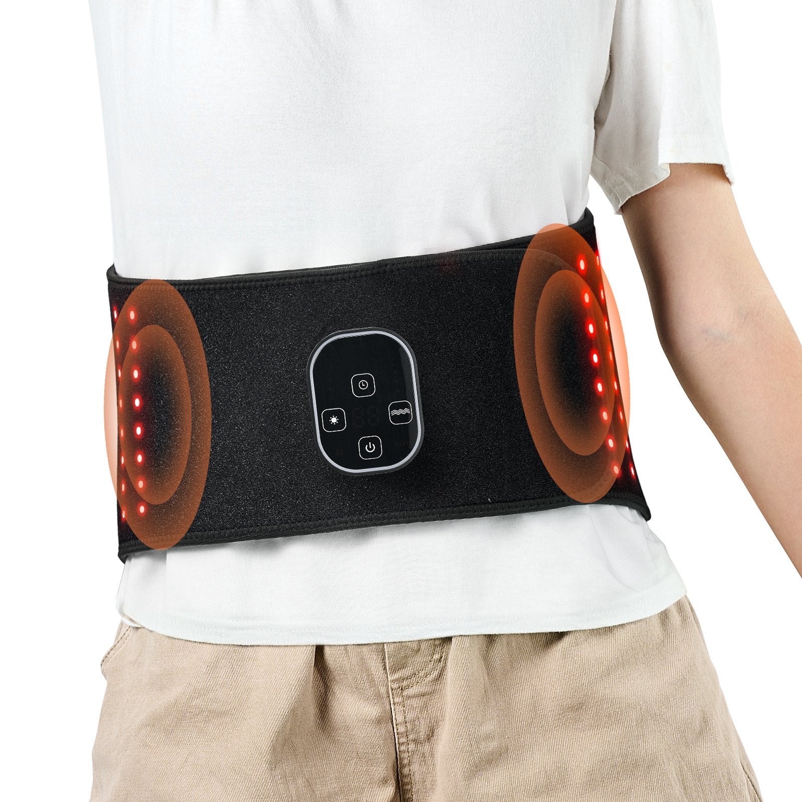 Black fabric red light therapy waist belt with a digital control panel and glowing red LEDs on white shirt.