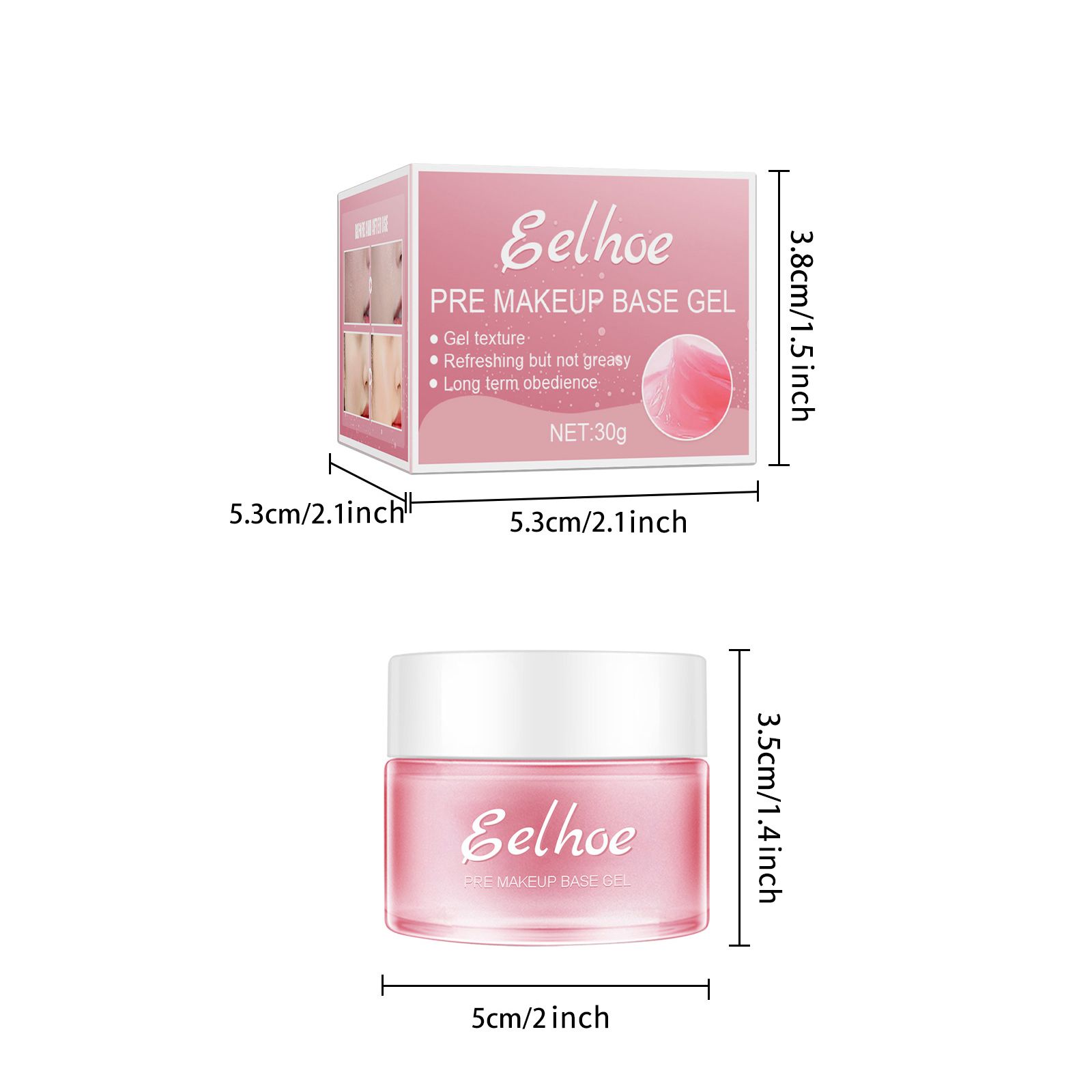 EELHOE pink makeup base gel box and jar, labeled 30g, showing dimensions in cm and inches for product sizing reference.
