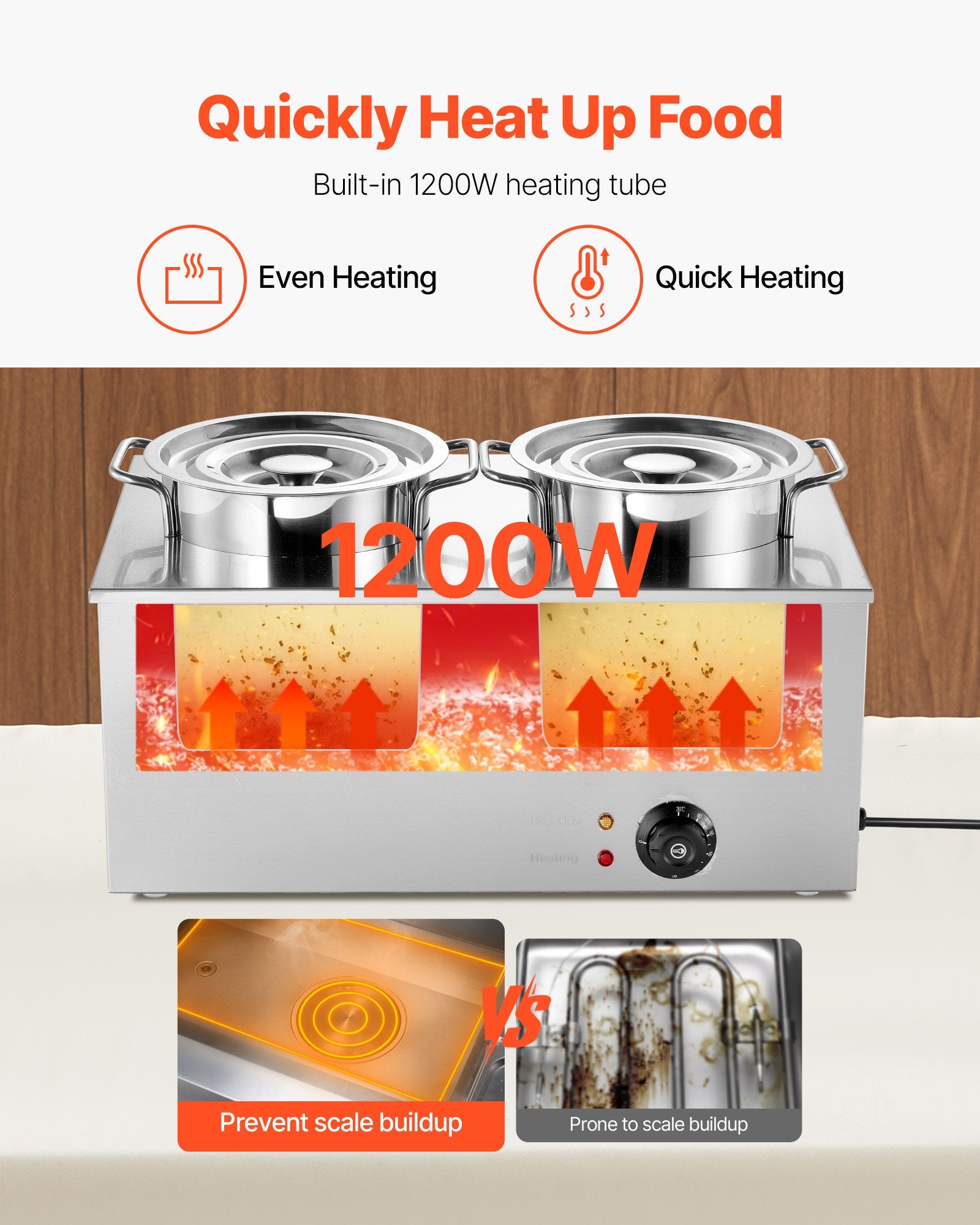 Commercial stainless steel dual-pot soup warmer, 1200W, featuring heating indicators and temperature control knob.