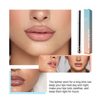 OUHOE peel-off lip liner in a silver tube with blue box, shown on model lips for a long-lasting, defined, plump look.