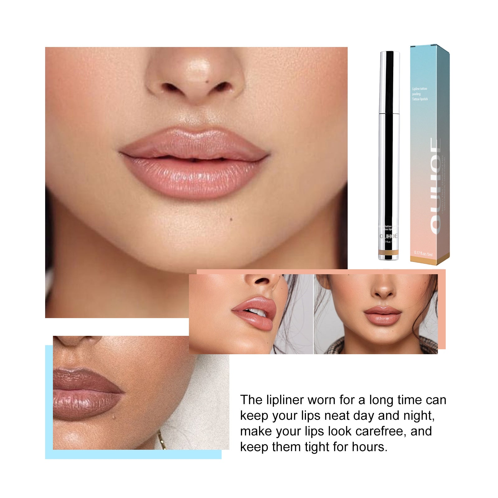 OUHOE peel-off lip liner in a silver tube with blue box, shown on model lips for a long-lasting, defined, plump look.