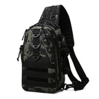 Green camouflage tactical sling backpack with MOLLE webbing, multiple D-rings, and padded adjustable shoulder strap.