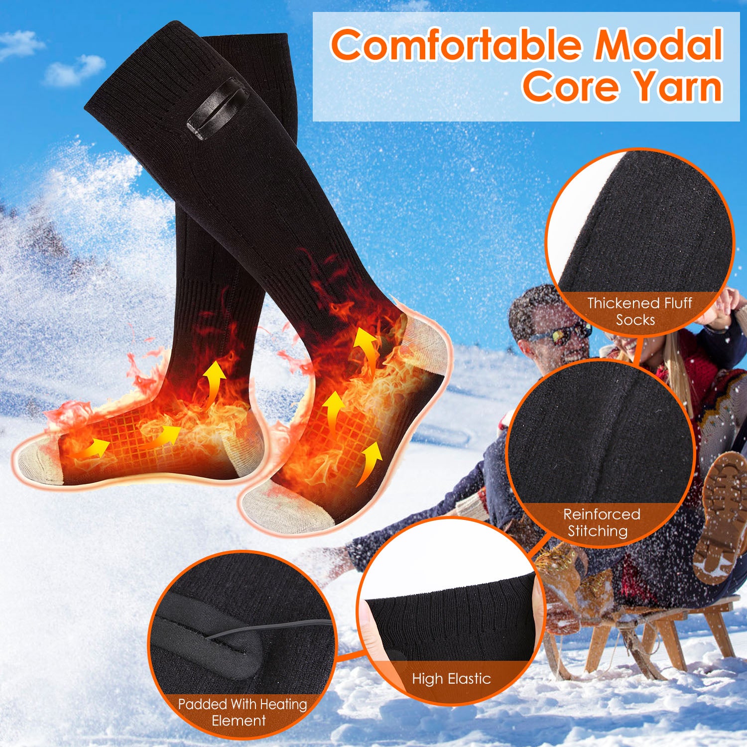 Black electric heated socks with modal yarn, showing heating elements, reinforced stitching, and elastic fabric.