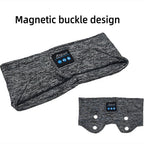 Grey heathered fabric Bluetooth sleep headband with integrated music controls and a magnetic buckle design.