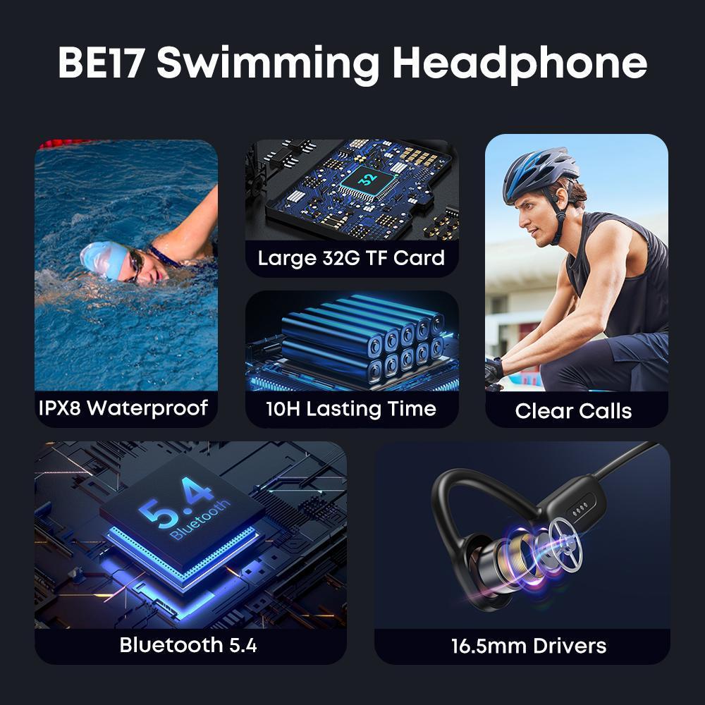 Black IPX8 waterproof bone conduction headphones featuring 32G storage, Bluetooth 5.4, 10hr battery, and 16.5mm drivers.