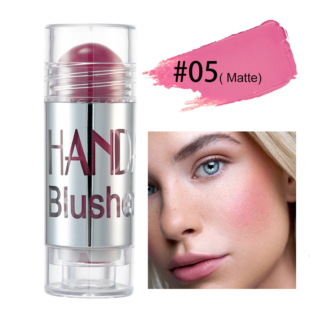 Digitaldistribution375 #05 matte pink cream blush stick with clear cap and model showing blush application.