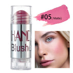 Digitaldistribution375 #05 matte pink cream blush stick with clear cap and model showing blush application.
