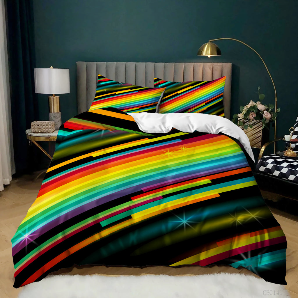 Three-piece bedding set with a 3D digital print of vibrant, rainbow-colored diagonal stripes and sparkling star effects.