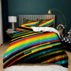 Three-piece bedding set with a 3D digital print of vibrant, rainbow-colored diagonal stripes and sparkling star effects.