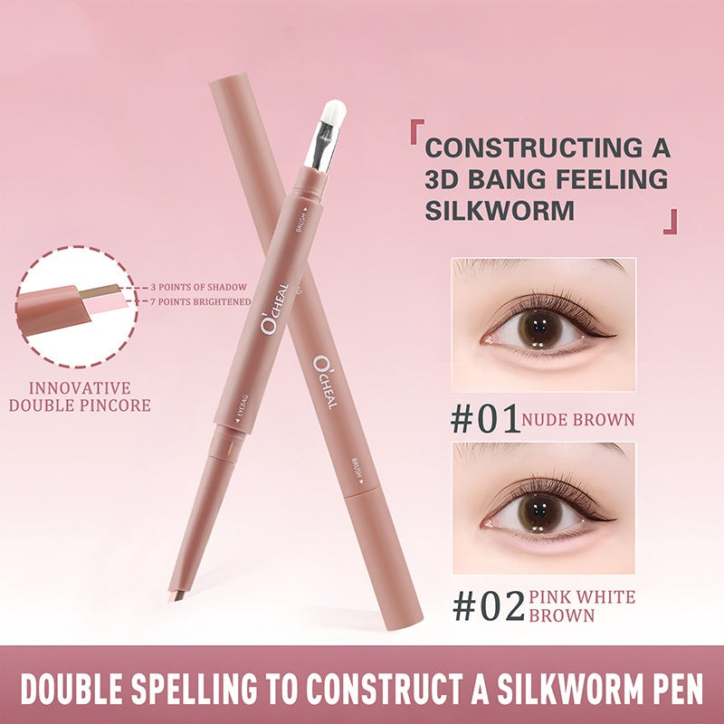 O'CHEAL dual-ended silkworm eyeshadow pen in matte mauve casing, featuring a precision tip, blending brush, and swatches.