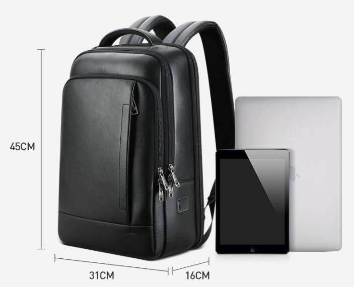 Black leather business backpack with metal zippers and padded straps, shown with a laptop and tablet, sized 45x31x16cm.