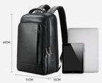 Black leather business backpack with metal zippers and padded straps, shown with a laptop and tablet, sized 45x31x16cm.