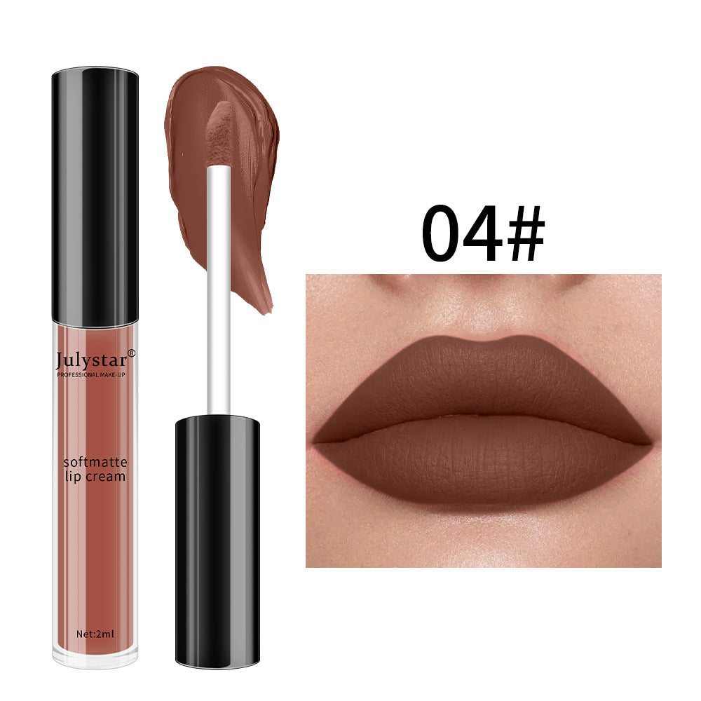 Julystar soft matte lip cream in a chocolate brown shade, shown as a tube, applicator swatch, and on lips, labeled 04#.
