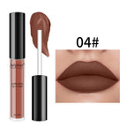 Julystar soft matte lip cream in a chocolate brown shade, shown as a tube, applicator swatch, and on lips, labeled 04#.