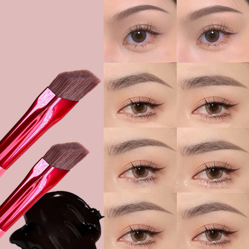 Angled eyebrow brushes with metallic red handles, brown synthetic bristles, and examples of defined, natural eyebrows.