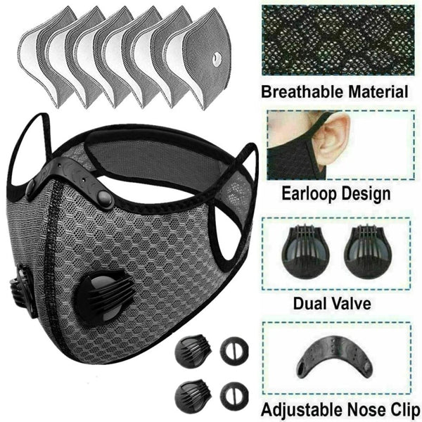 Grey reusable half-face mask with dual valves, filters, ear loops, and adjustable nose clip. Breathable mesh design.