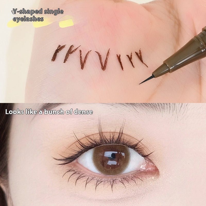 Brown liquid eyeliner pen drawing Y-shapes on palm, demonstrating fine, smudge-proof application on natural eyelashes.