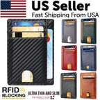 Slim PU leather RFID-blocking card wallets in various colors, featuring multiple card slots and US seller branding.