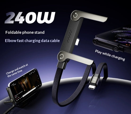 Black 240W braided 2-in-1 USB-C data cable with a metallic, foldable phone stand bracket for hands-free charging.