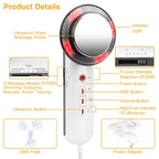 White, 3-in-1 ultrasonic EMS infrared massager with metal probe, red light, buttons, power adapter, and EMS pads.