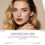 A blonde woman with blue eyes and matte brown lipstick wears a natural-finish foundation against a beige background.